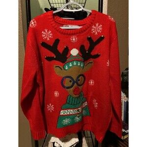 Ugly Christmas Sweater L/XL Red Reindeer Glasses Jingle Bells Holiday